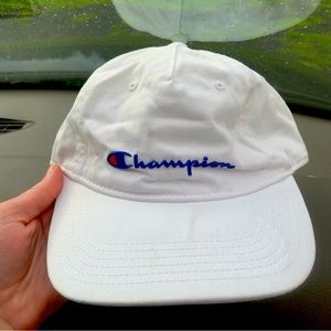 Champion bright white blue writing baseball cap adjustable silver clasp back
